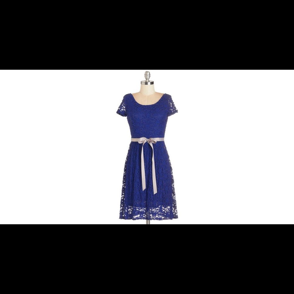 Lined royal blue lace dress with gray ribbon sash